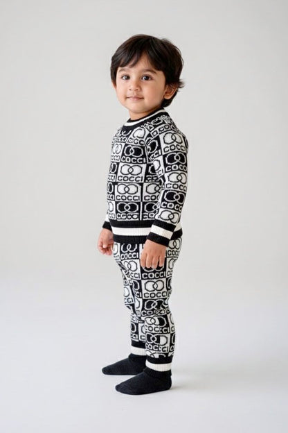 Baby & Toddler Premium Knitted Black & White Co-Ord Set | Winter Warm Logo Sweater & Joggers | Soft Woolen Unisex Outfit