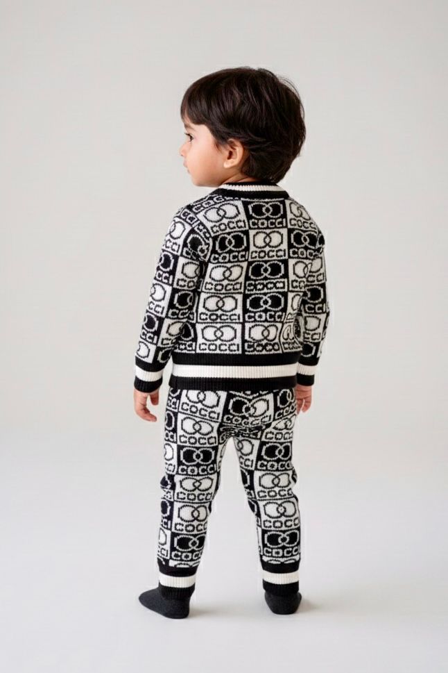 Baby & Toddler Premium Knitted Black & White Co-Ord Set | Winter Warm Logo Sweater & Joggers | Soft Woolen Unisex Outfit
