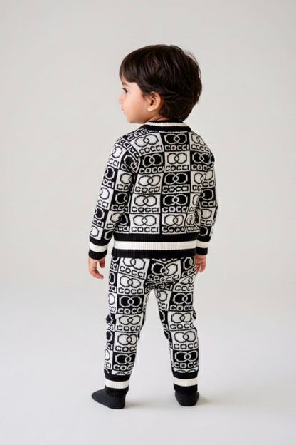 Baby & Toddler Premium Knitted Black & White Co-Ord Set | Winter Warm Logo Sweater & Joggers | Soft Woolen Unisex Outfit