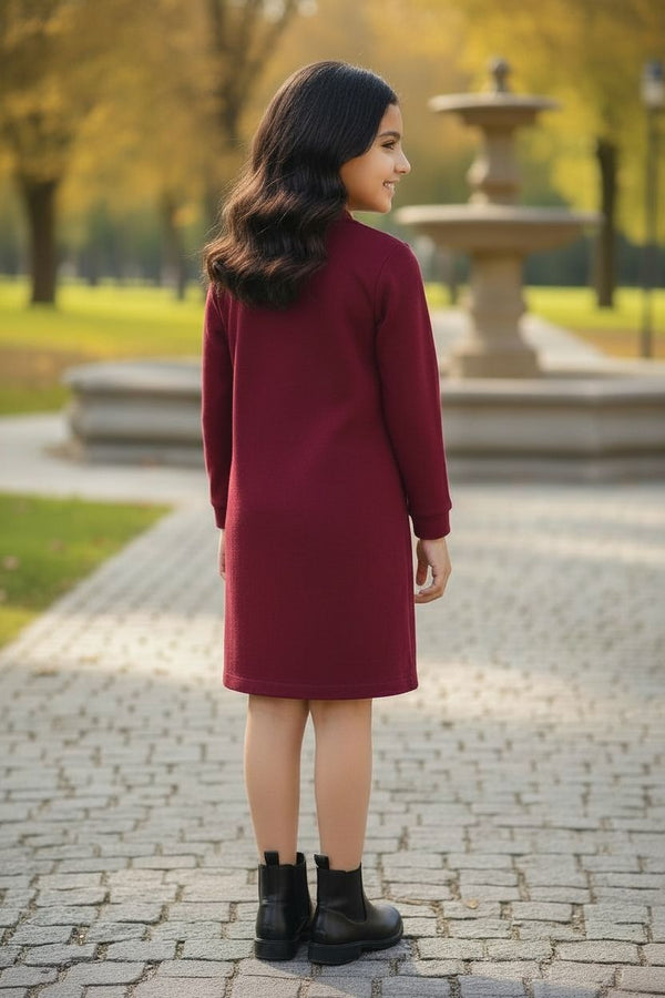 Girls Maroon Velvet Party Dress with Silver Sequin Bow | Premium Winter Festive Wear