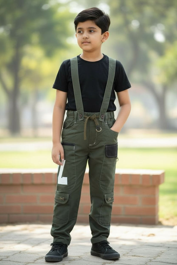 Boys Military Green Cargo Pants with Detachable Suspenders | Multi-Pocket Utility Joggers