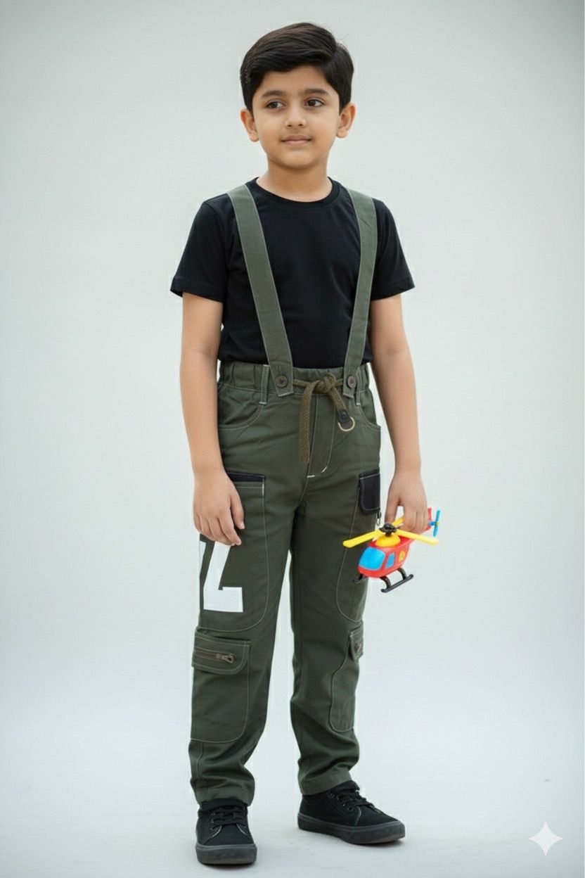 Boys Military Green Cargo Pants with Detachable Suspenders | Multi-Pocket Utility Joggers