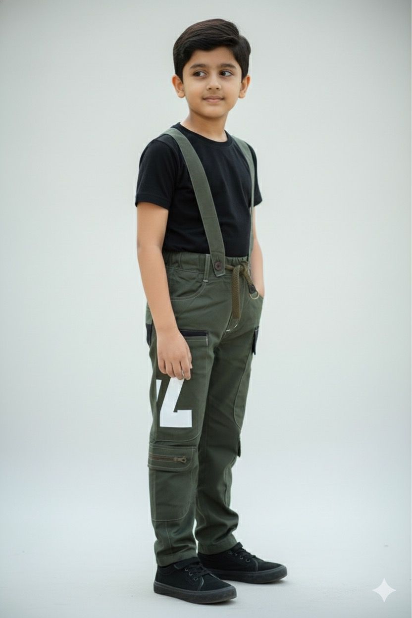 Boys Military Green Cargo Pants with Detachable Suspenders | Multi-Pocket Utility Joggers