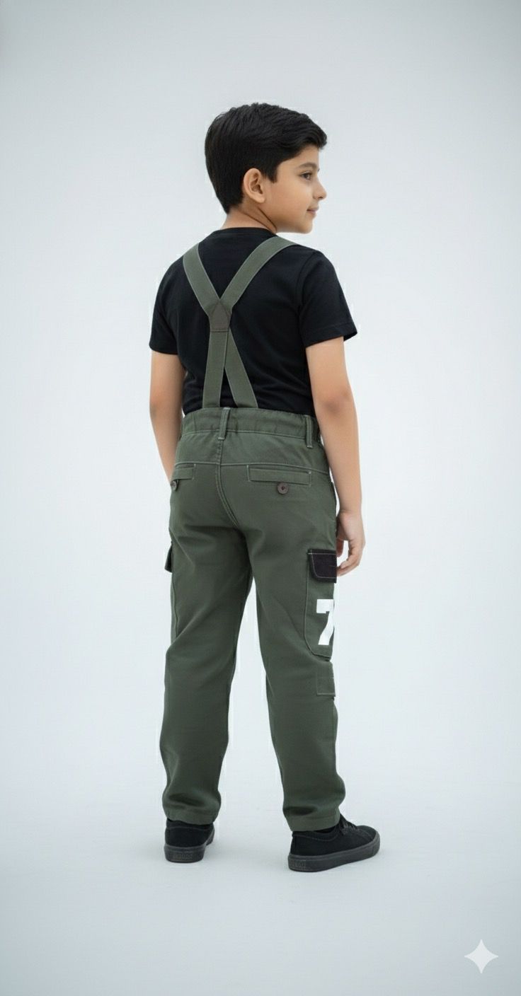 Boys Military Green Cargo Pants with Detachable Suspenders | Multi-Pocket Utility Joggers
