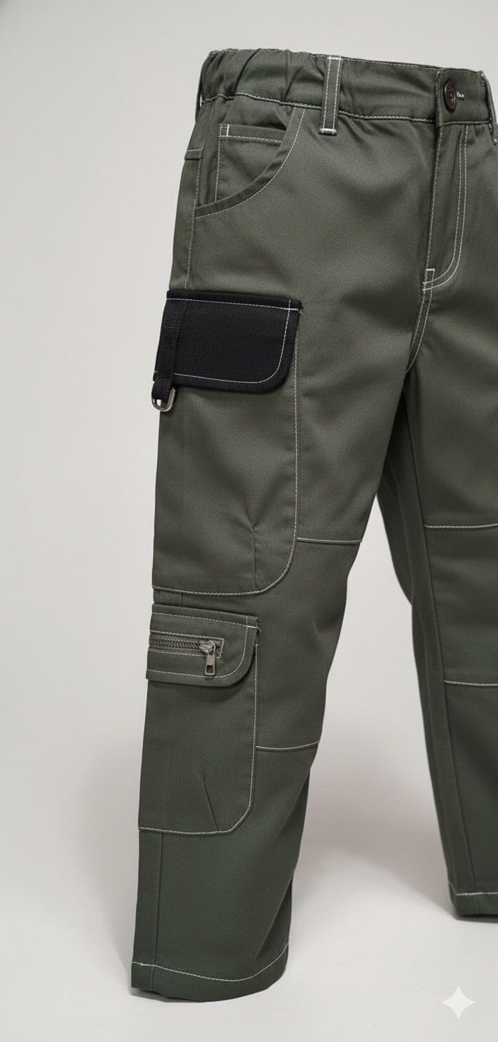 Boys Military Green Cargo Pants with Detachable Suspenders | Multi-Pocket Utility Joggers