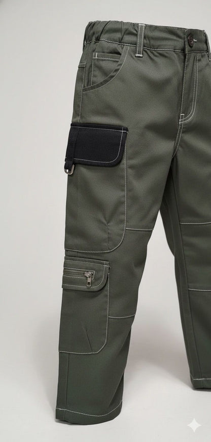 Boys Military Green Cargo Pants with Detachable Suspenders | Multi-Pocket Utility Joggers