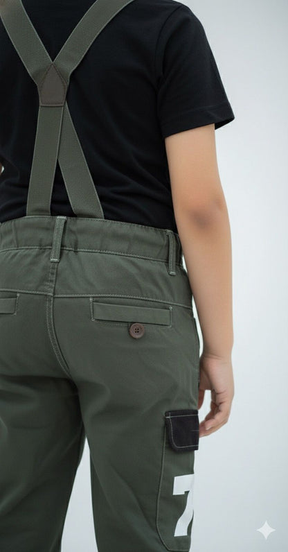 Boys Military Green Cargo Pants with Detachable Suspenders | Multi-Pocket Utility Joggers