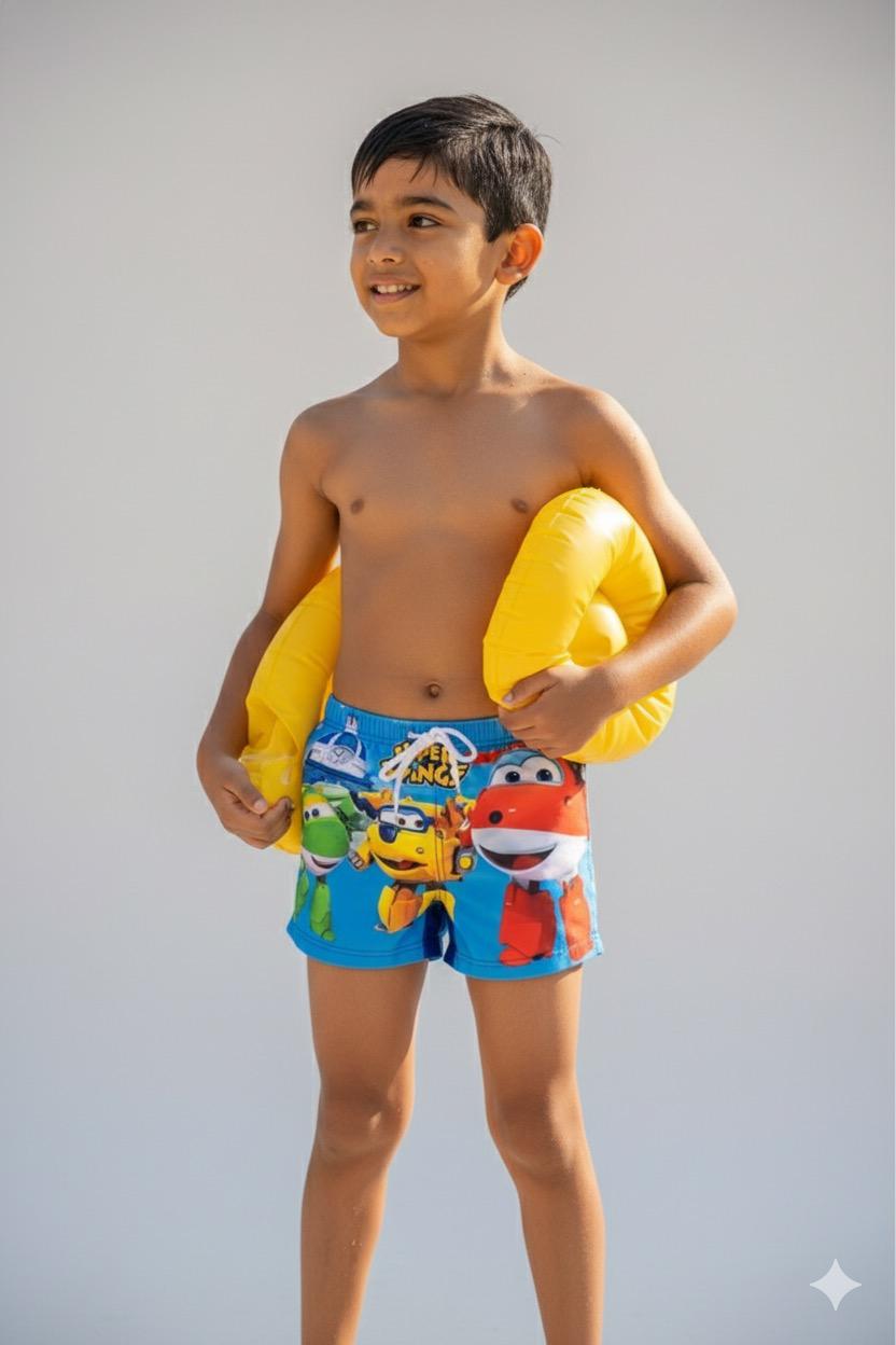 Kids Super Wings Swim Shorts | Quick-Dry Cartoon Swimwear for Boys