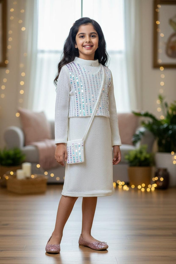 Girls Elegant White Party Dress with Sequin Jacket & Sling Bag | Festive & Occasion Wear