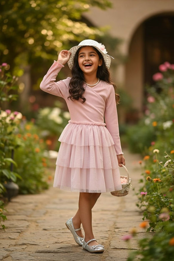 Girls Blush Pink Layered Party Dress | Elegant Tulle Frill Dress for Birthdays & Celebrations
