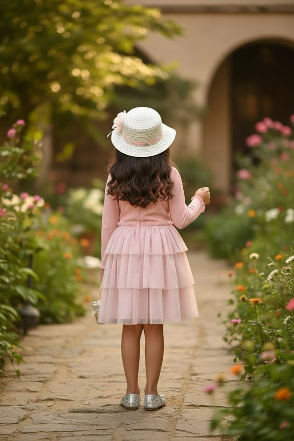 Girls Blush Pink Layered Party Dress | Elegant Tulle Frill Dress for Birthdays & Celebrations