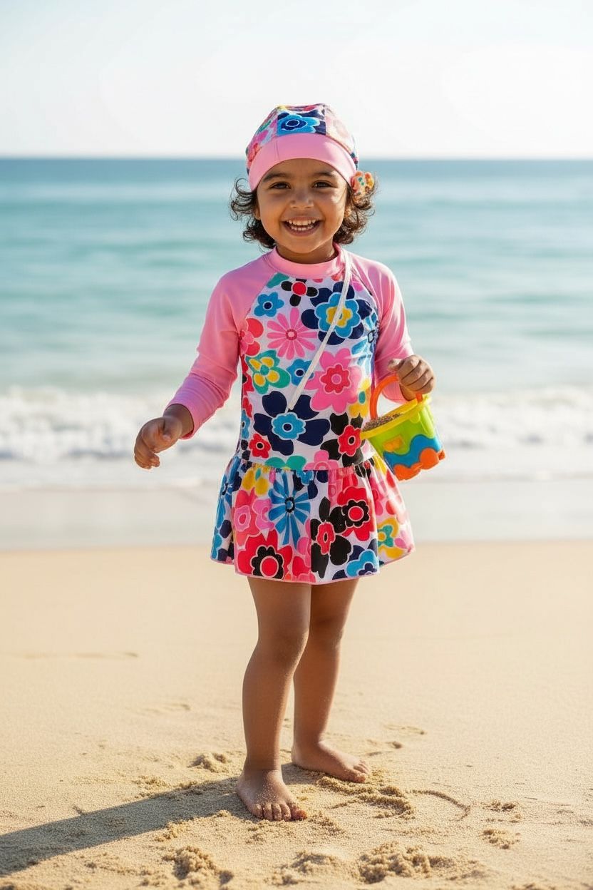 Girls Floral Swimwear Dress with Cap | UV-Protected Kids Beach & Pool Swim Set