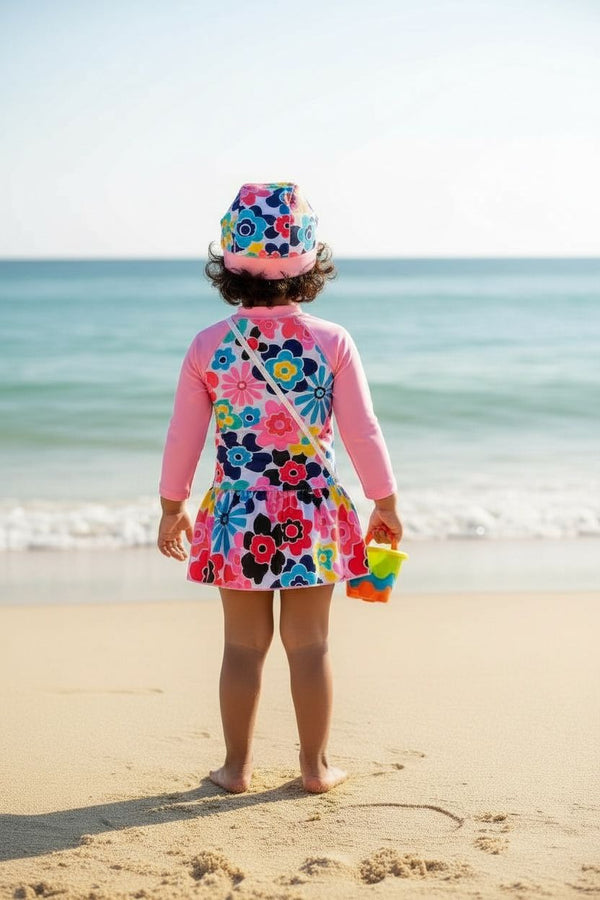 Girls Floral Swimwear Dress with Cap | UV-Protected Kids Beach & Pool Swim Set