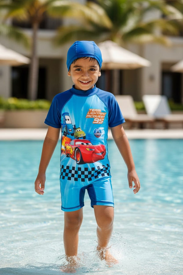🏊‍♂️ Kids Cars-Themed Swim Jumpsuit with Cap | Quick-Dry & UV Protection