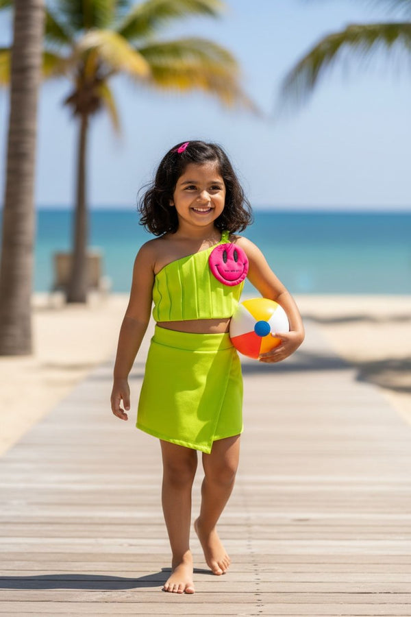 Lime Green One-Shoulder Beach Co-ord Set | Summer Resort Wear