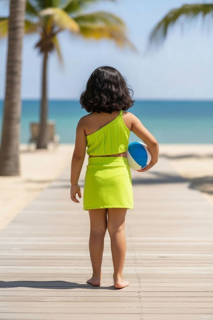 Lime Green One-Shoulder Beach Co-ord Set | Summer Resort Wear