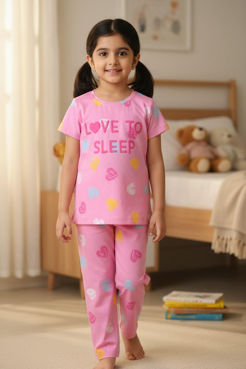 Girls Cotton Nightwear Set | “Love to Sleep” Pajama Set