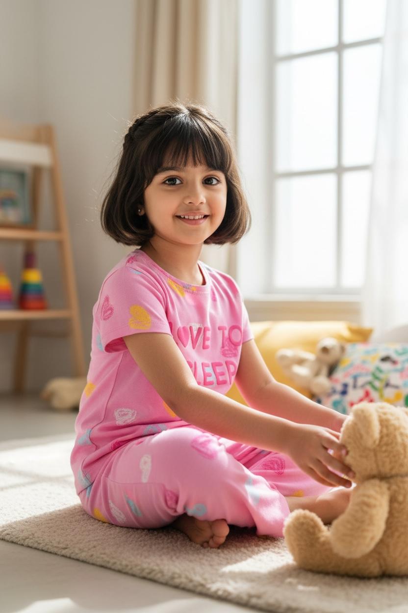 Girls Cotton Nightwear Set | “Love to Sleep” Pajama Set