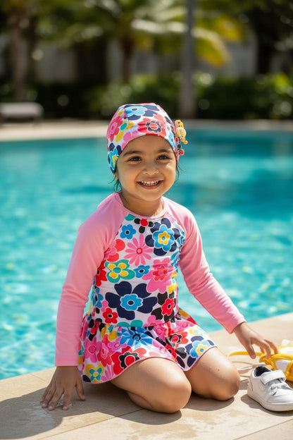 Girls Floral Swimwear Dress with Cap | UV-Protected Kids Beach & Pool Swim Set