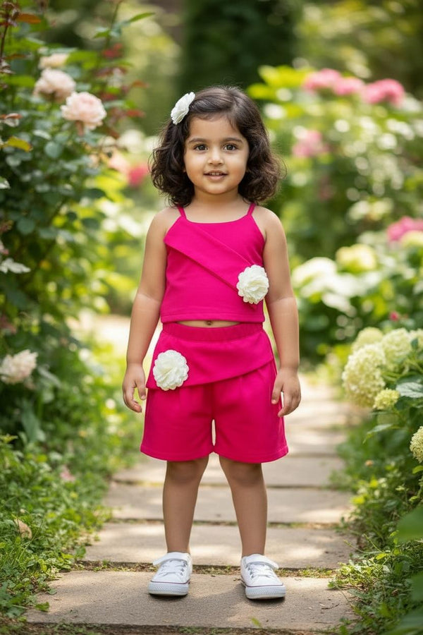 Premium Knitted Hosiery Co-Ord Set for Girls – Pink Floral Accent