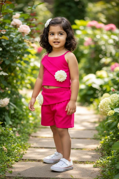 Premium Knitted Hosiery Co-Ord Set for Girls – Pink Floral Accent