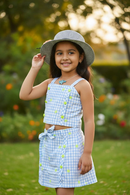 Girls Pure Cotton Checkered Co-Ord Set | Summer Crop Top & Skirt Outfit