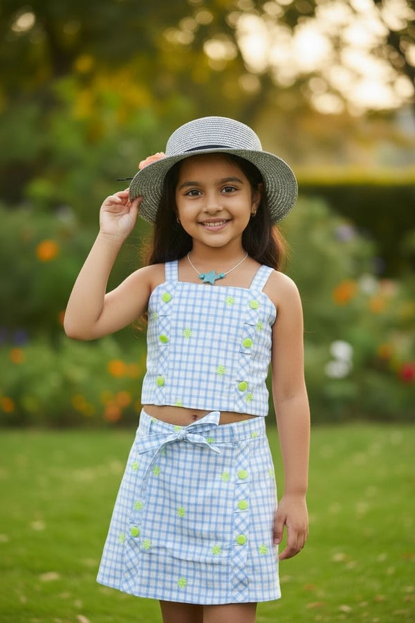 Girls Pure Cotton Checkered Co-Ord Set | Summer Crop Top & Skirt Outfit