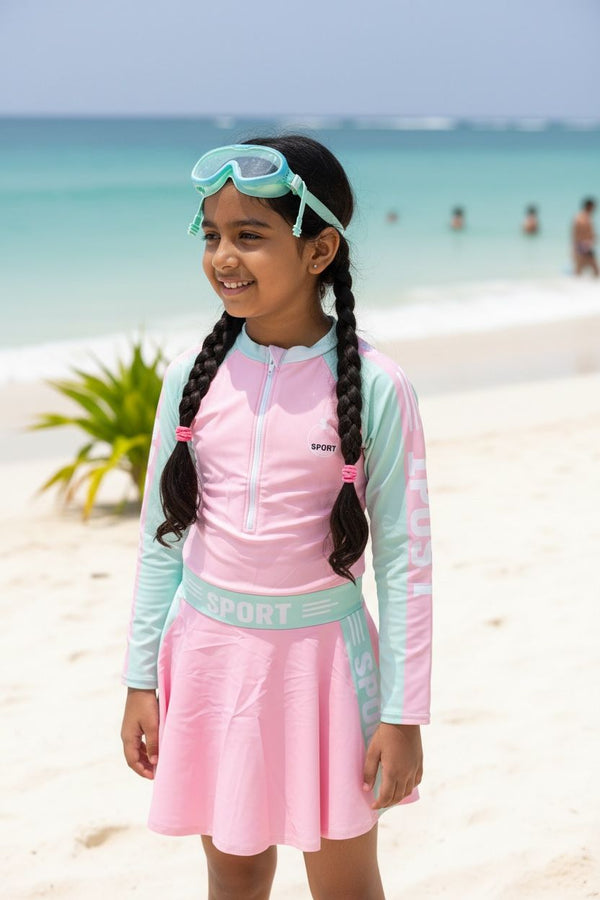 Girls Long Sleeve Swim Dress with Skirt | UV-Protective Kids Swimwear