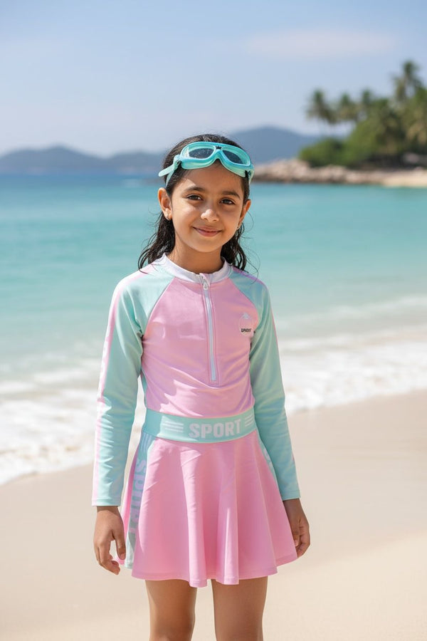Girls Long Sleeve Swim Dress with Skirt | UV-Protective Kids Swimwear
