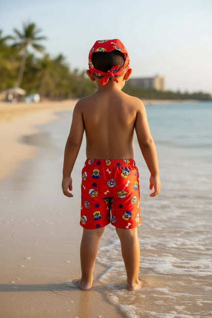 Boys Cartoon Print Swim Shorts with Matching Cap | Kids Beach & Pool Wear