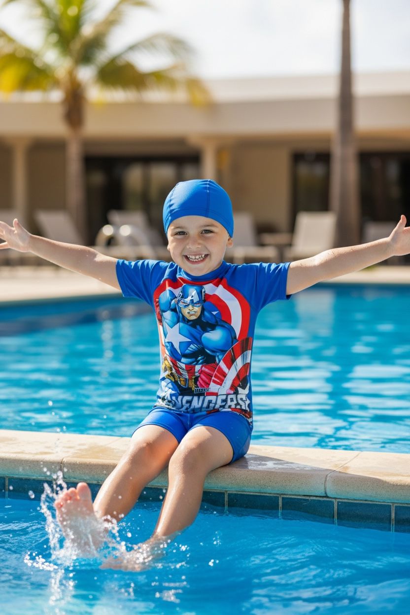 Kids Captain America- Avenger Themed Swim Jumpsuit with Cap | Quick-Dry &amp; UV Protection