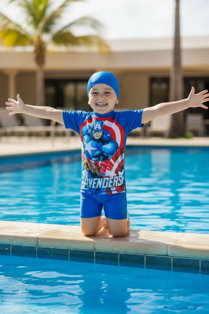 Kids Captain America- Avenger Themed Swim Jumpsuit with Cap | Quick-Dry &amp; UV Protection