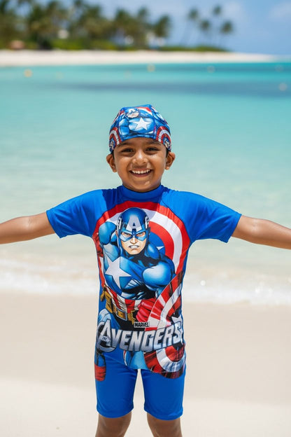 Kids Captain America- Avenger Themed Swim Jumpsuit with Cap | Quick-Dry &amp; UV Protection