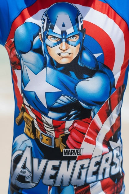 Kids Captain America- Avenger Themed Swim Jumpsuit with Cap | Quick-Dry &amp; UV Protection