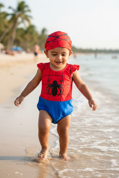 Baby Spider Print Swim Jumpsuit with Matching Cap | Toddler Beach & Pool Wear