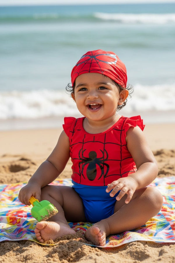 Baby Spider Print Swim Jumpsuit with Matching Cap | Toddler Beach & Pool Wear