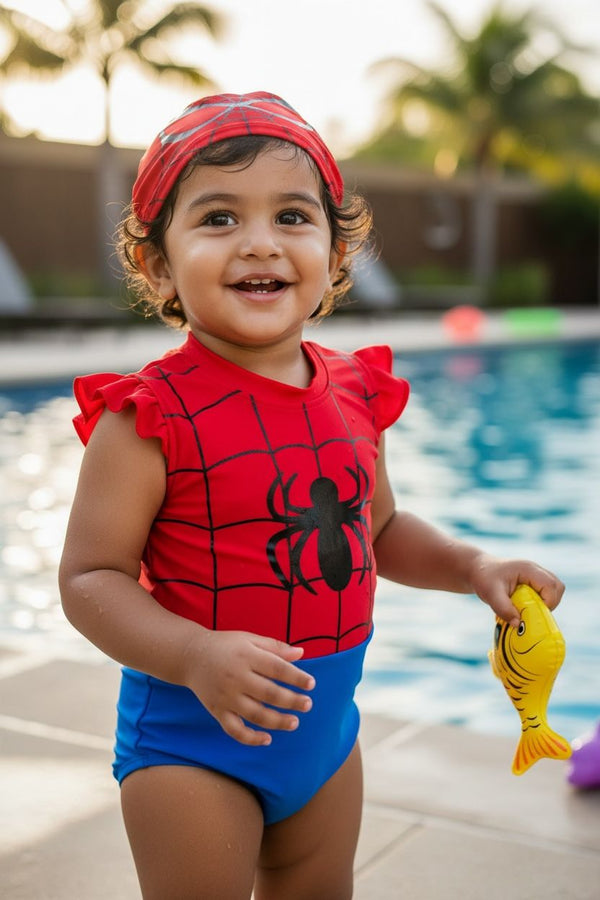 Baby Spider Print Swim Jumpsuit with Matching Cap | Toddler Beach & Pool Wear