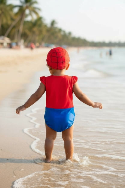 Baby Spider Print Swim Jumpsuit with Matching Cap | Toddler Beach & Pool Wear