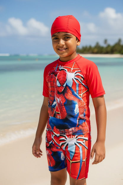 Kids Spider Man- Marvel Themed Swim Jumpsuit with Cap | Quick-Dry &amp; UV Protection