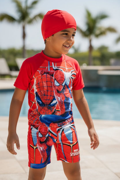 Kids Spider Man- Marvel Themed Swim Jumpsuit with Cap | Quick-Dry &amp; UV Protection