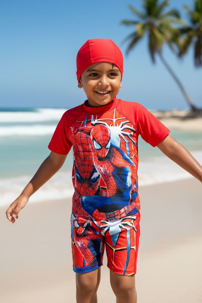 Kids Spider Man- Marvel Themed Swim Jumpsuit with Cap | Quick-Dry &amp; UV Protection