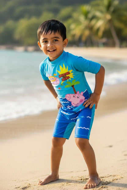 Blue Peppa Pig Themed Swim Jumpsuit with Cap | Quick-Dry | UV Protection