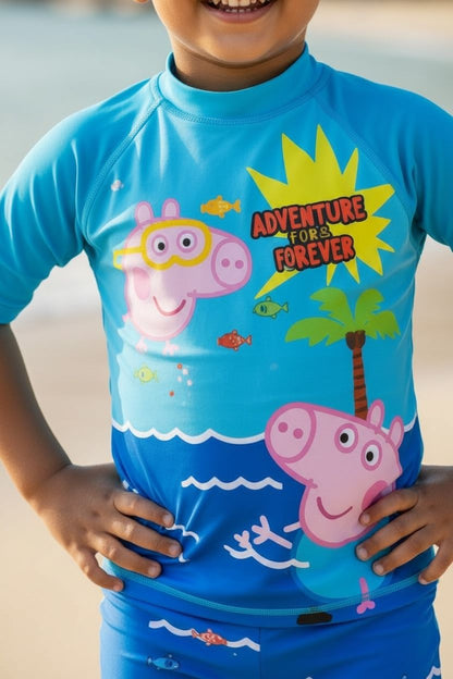 Blue Peppa Pig Themed Swim Jumpsuit with Cap | Quick-Dry | UV Protection