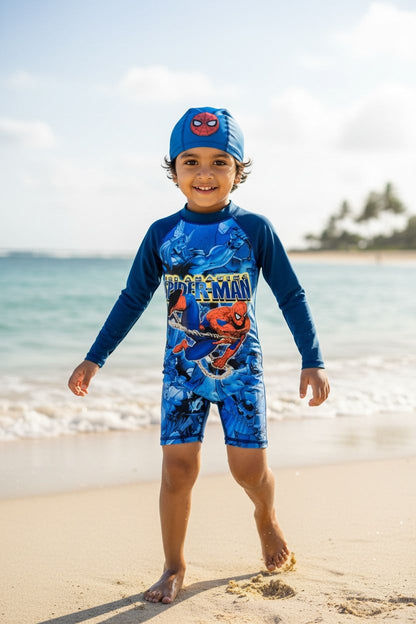 Kids Spider Man Themed Swim Jumpsuit with Cap | Quick-Dry / UV Protection