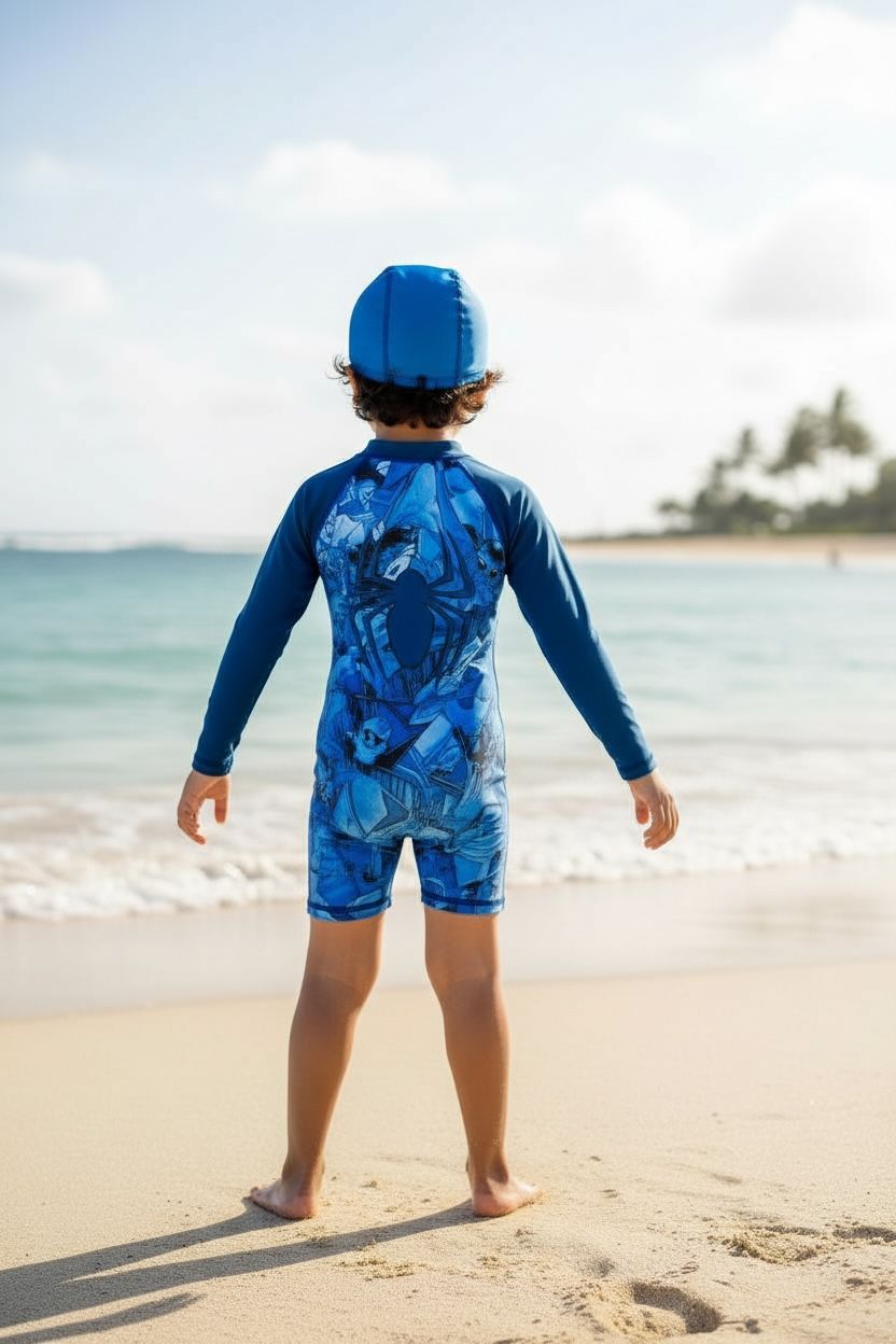 Kids Spider Man Themed Swim Jumpsuit with Cap | Quick-Dry / UV Protection