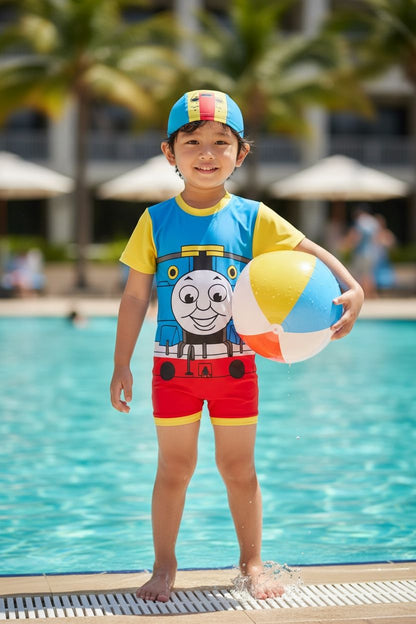 Kids Thomas the Train Themed Swim Jumpsuit with Cap | Quick-Dry I UV Protection