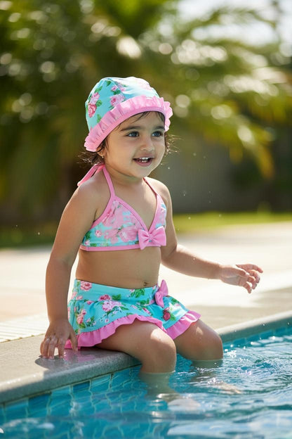 Baby Girl Floral Bikini Skirt Swimwear Set with Cap | Cute Pool & Beach Outfit