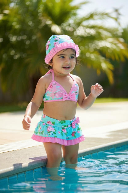 Baby Girl Floral Bikini Skirt Swimwear Set with Cap | Cute Pool & Beach Outfit