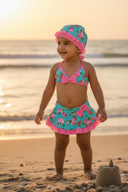 Baby Girl Floral Bikini Skirt Swimwear Set with Cap | Cute Pool & Beach Outfit