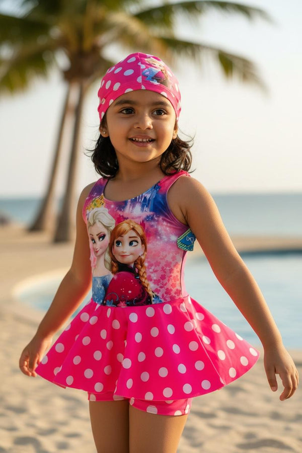 Frozen Themed Girls Frock Style Swimwear with Cap | Cute Printed Swim Dress for Kids